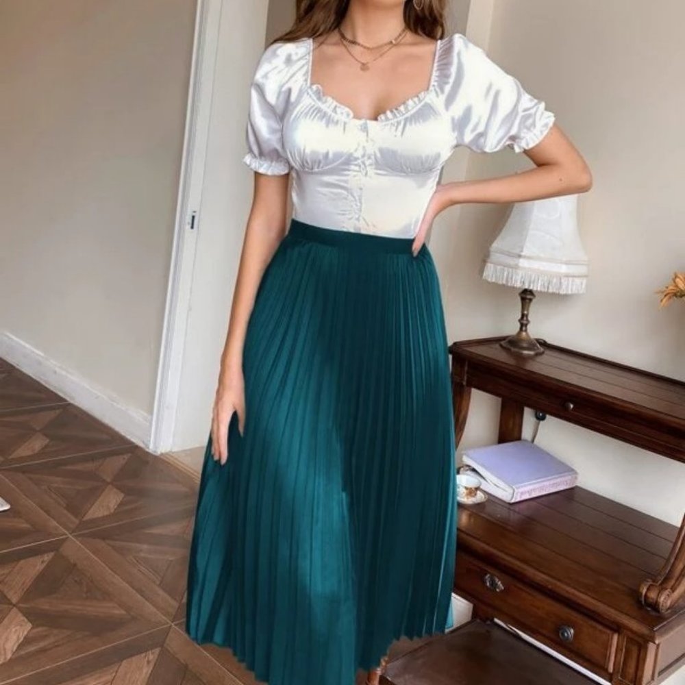 teal blue Pleated Satin  Midi Skirt Evening classy - Picture 2 of 6